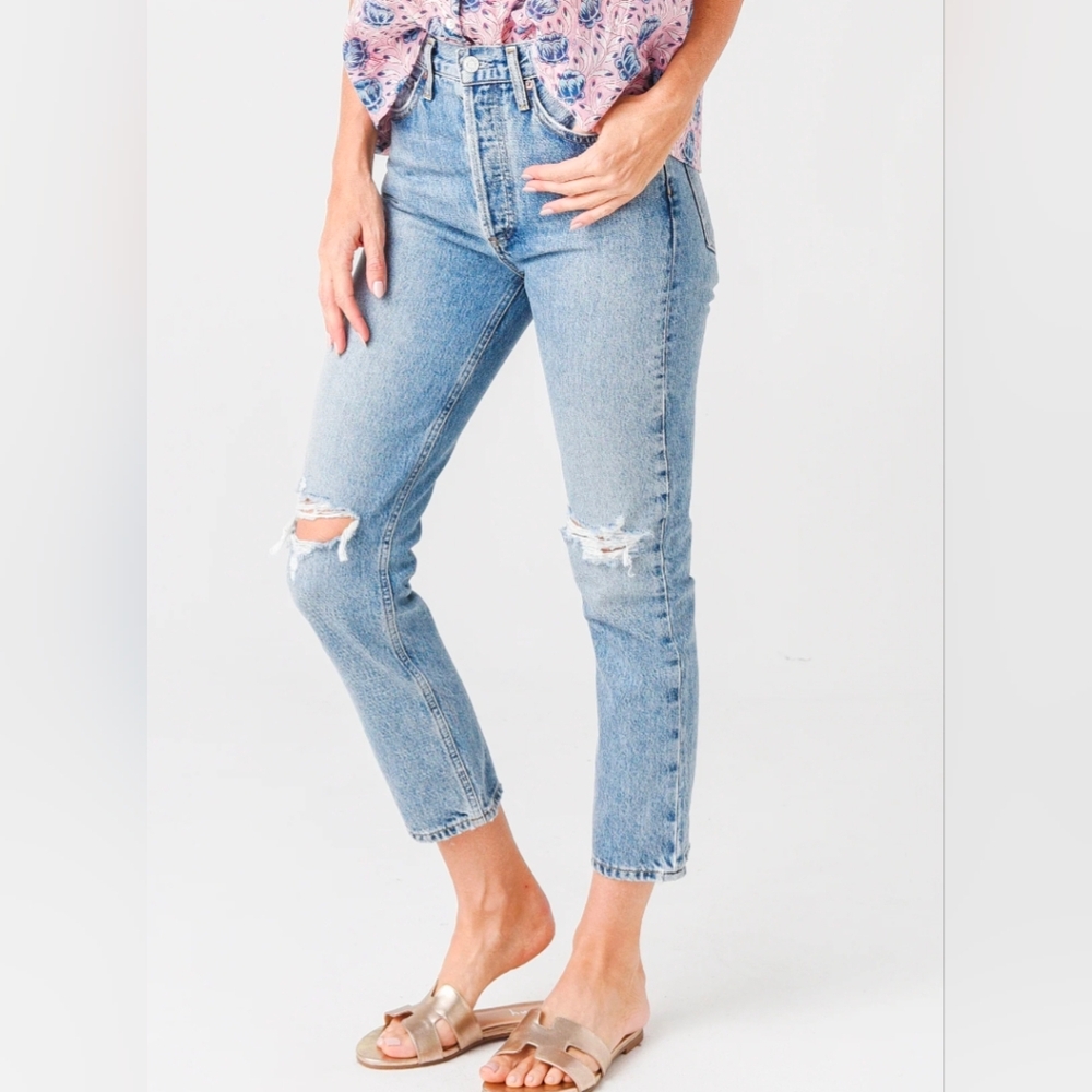 Agolde Riley High Rise Straight  Distressed Button Fly Crop Jean Sz 26